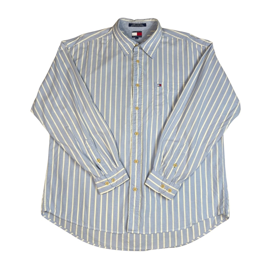Tommy Hilfiger Mens Button Down Shirt XL Blue‎ White Stripe Pocket Logo Casual